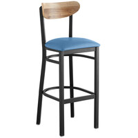 Lancaster Table & Seating Boomerang Bar Height Black Chair with Blue Vinyl Seat and Driftwood Back