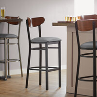 Lancaster Table & Seating Boomerang Bar Height Black Chair with Dark Gray Vinyl Seat and Antique Walnut Back