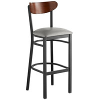 Lancaster Table & Seating Boomerang Bar Height Black Chair with Light Gray Vinyl Seat and Antique Walnut Back