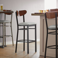 Lancaster Table & Seating Boomerang Bar Height Black Chair with Light Gray Vinyl Seat and Antique Walnut Back
