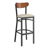 Lancaster Table & Seating Boomerang Series Black Finish Bar Stool with Light Gray Vinyl Seat and Antique Walnut Wood Back