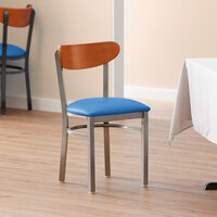 Lancaster Table & Seating Boomerang Clear Coat Chair with Blue Vinyl Seat and Cherry Back