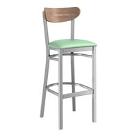 Lancaster Table & Seating Boomerang Series Clear Coat Finish Bar Stool with Seafoam Vinyl Seat and Vintage Wood Back