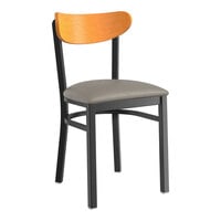 Lancaster Table & Seating Boomerang Series Black Finish Chair with Dark Gray Vinyl Seat and Cherry Wood Back