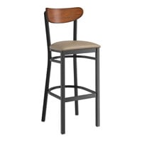 Lancaster Table & Seating Boomerang Series Black Finish Bar Stool with Taupe Vinyl Seat and Antique Walnut Wood Back