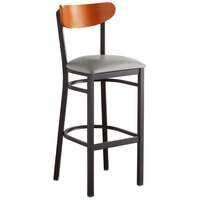 Lancaster Table & Seating Boomerang Bar Height Black Chair with Light Gray Vinyl Seat and Cherry Back