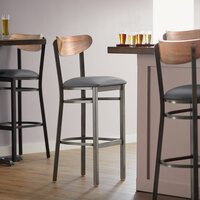 Lancaster Table & Seating Boomerang Bar Height Clear Coat Chair with Dark Gray Vinyl Seat and Vintage Wood Back