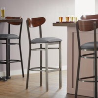 Lancaster Table & Seating Boomerang Bar Height Clear Coat Chair with Dark Gray Vinyl Seat and Antique Walnut Back