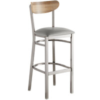 Lancaster Table & Seating Boomerang Bar Height Clear Coat Chair with Light Gray Vinyl Seat and Driftwood Back