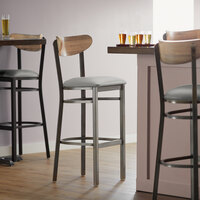Lancaster Table & Seating Boomerang Bar Height Clear Coat Chair with Light Gray Vinyl Seat and Driftwood Back