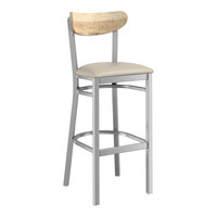 Lancaster Table & Seating Boomerang Series Clear Coat Finish Bar Stool with Light Gray Vinyl Seat and Driftwood Back