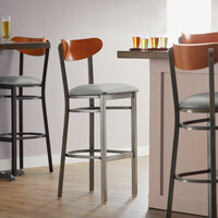 Lancaster Table & Seating Boomerang Bar Height Clear Coat Chair with Light Gray Vinyl Seat and Cherry Back