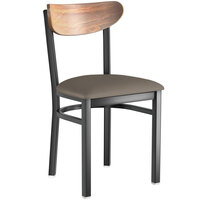 Lancaster Table & Seating Boomerang Black Finish Chair with 2 1/2" Taupe Vinyl Padded Seat and Vintage Wood Back