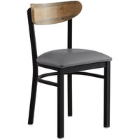 Lancaster Table & Seating Boomerang Black Finish Chair with 2 1/2 inch Dark Gray Vinyl Padded Seat and Driftwood Back