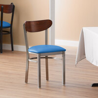 Lancaster Table & Seating Boomerang Clear Coat Chair with Blue Vinyl Seat and Antique Walnut Back