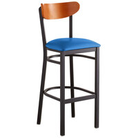 Lancaster Table & Seating Boomerang Bar Height Black Chair with Blue Vinyl Seat and Cherry Back