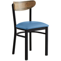 Lancaster Table & Seating Boomerang Black Finish Chair with 2 1/2 inch Blue Vinyl Padded Seat and Driftwood Back