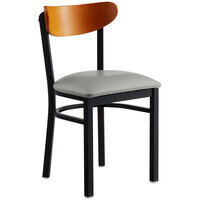 Lancaster Table & Seating Boomerang Black Finish Chair with 2 1/2 inch Light Gray Vinyl Padded Seat and Cherry Wood Back