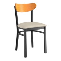 Lancaster Table & Seating Boomerang Series Black Finish Chair with Light Gray Vinyl Seat and Cherry Wood Back