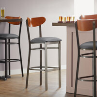 Lancaster Table & Seating Boomerang Bar Height Clear Coat Chair with Dark Gray Vinyl Seat and Cherry Back