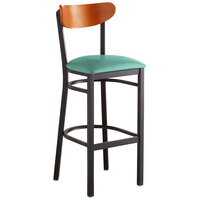 Lancaster Table & Seating Boomerang Bar Height Black Chair with Seafoam Vinyl Seat and Cherry Back