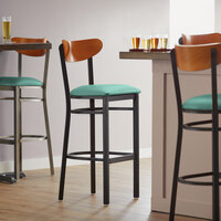 Lancaster Table & Seating Boomerang Bar Height Black Chair with Seafoam Vinyl Seat and Cherry Back