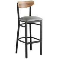 Lancaster Table & Seating Boomerang Bar Height Black Chair with Light Gray Vinyl Seat and Driftwood Back