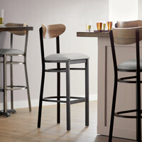 Lancaster Table & Seating Boomerang Bar Height Black Chair with Light Gray Vinyl Seat and Driftwood Back