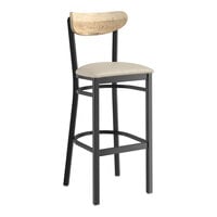 Lancaster Table & Seating Boomerang Series Black Finish Bar Stool with Light Gray Vinyl Seat and Driftwood Back