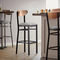 Lancaster Table & Seating Boomerang Bar Height Black Chair with Light Gray Vinyl Seat and Vintage Wood Back