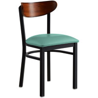 Lancaster Table & Seating Boomerang Black Finish Chair with 2 1/2 inch Seafoam Vinyl Padded Seat and Antique Walnut Wood Back