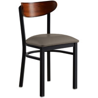 Lancaster Table & Seating Boomerang Black Finish Chair with 2 1/2" Taupe Vinyl Padded Seat and Antique Walnut Wood Back