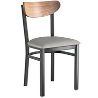 Lancaster Table & Seating Boomerang Black Finish Chair with 2 1/2 inch Light Gray Vinyl Padded Seat and Vintage Wood Back
