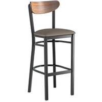 Lancaster Table & Seating Boomerang Bar Height Black Chair with Taupe Vinyl Seat and Vintage Wood Back