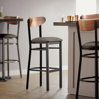 Lancaster Table & Seating Boomerang Bar Height Black Chair with Taupe Vinyl Seat and Vintage Wood Back