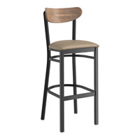 Lancaster Table & Seating Boomerang Series Black Finish Bar Stool with Taupe Vinyl Seat and Vintage Wood Back