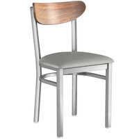 Lancaster Table & Seating Boomerang Clear Coat Chair with Light Gray Vinyl Seat and Vintage Wood Back