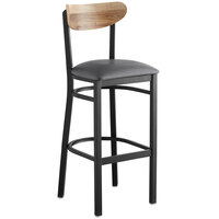 Lancaster Table & Seating Boomerang Bar Height Black Chair with Dark Gray Vinyl Seat and Driftwood Back