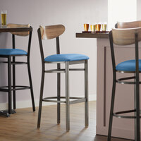 Lancaster Table & Seating Boomerang Bar Height Clear Coat Chair with Blue Vinyl Seat and Driftwood Back