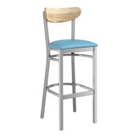 Lancaster Table & Seating Boomerang Series Clear Coat Finish Bar Stool with Blue Vinyl Seat and Driftwood Back