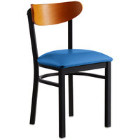 Lancaster Table & Seating Boomerang Black Finish Chair with 2 1/2" Blue Vinyl Padded Seat and Cherry Wood Back