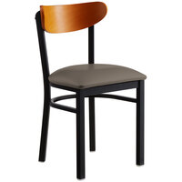 Lancaster Table & Seating Boomerang Black Finish Chair with 2 1/2 inch Taupe Vinyl Padded Seat and Cherry Wood Back