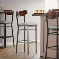 Lancaster Table & Seating Boomerang Bar Height Clear Coat Chair with Light Gray Vinyl Seat and Antique Walnut Back