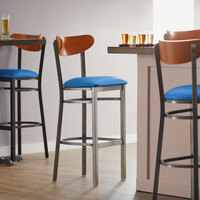 Lancaster Table & Seating Boomerang Bar Height Clear Coat Chair with Blue Vinyl Seat and Cherry Back