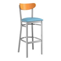 Lancaster Table & Seating Boomerang Series Clear Coat Finish Bar Stool with Blue Vinyl Seat and Cherry Wood Back