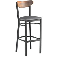Lancaster Table & Seating Boomerang Bar Height Black Chair with Dark Gray Vinyl Seat and Vintage Wood Back