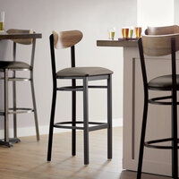 Lancaster Table & Seating Boomerang Bar Height Black Chair with Taupe Vinyl Seat and Driftwood Back