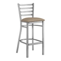 Lancaster Table & Seating Clear Coat Finish Ladder Back Bar Stool with 2 1/2" Taupe Vinyl Padded Seat - Detached