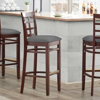 Lancaster Table & Seating Mahogany Finish Wooden Window Back Bar Height Chair with Dark Gray Padded Seat - Detached Seat