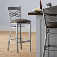 Lancaster Table & Seating Clear Coat Cross Back Bar Height Chair with Taupe Padded Seat - Detached Seat